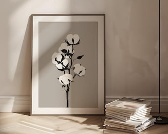 Minimalist Cotton Flower Botanical Print, Neutral Beige Farmhouse Scandinavian Art (Digital Download)
