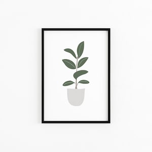 May include: A framed print of a green potted plant with a white pot against a white background.