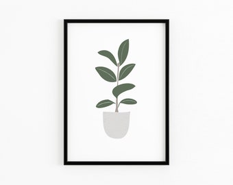 Lámina artística de Ficus elastica / Planta en maceta de cerámica, póster tamaño A4 / Diseño de elementos