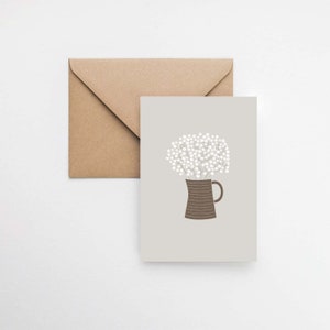 Biglietto con bouquet di fiori di gypsophila in stile rustico / biglietti rustici, biglietti illustrati / biglietto d'auguri con fiori illustrati in vaso di ceramica