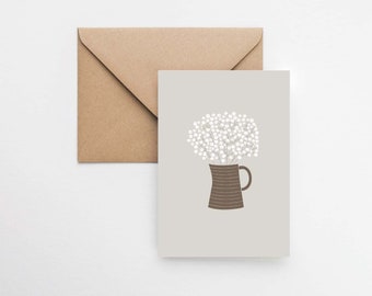 素朴なカスミソウの花のバースデーカード：イラスト入り陶器の瓶の花束