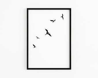 高く飛ぶ鳥のアートプリント | 黒と白のミニマリスト A4 ポスター | エレメント デザイン