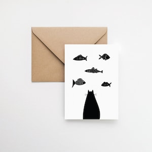 Minimalist black cat and fishes greeting card / elemente design