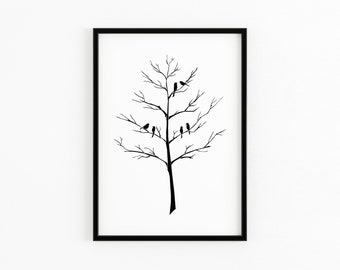 2月のアートプリント｜木の上の鳥 A4 白黒ポスター｜エレメンテデザイン