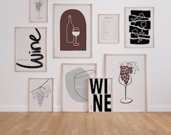 Set of 10 Wine Prints, Modern Minimalist Kitchen Decor (Digital Download)