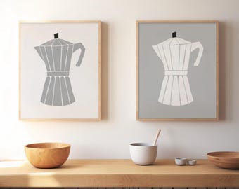 Moka Pot Printable Wall Art Set | Minimalist Coffee Kitchen Decor | Scandinavian Coffee Poster | Grey & White Versions | Digital Download