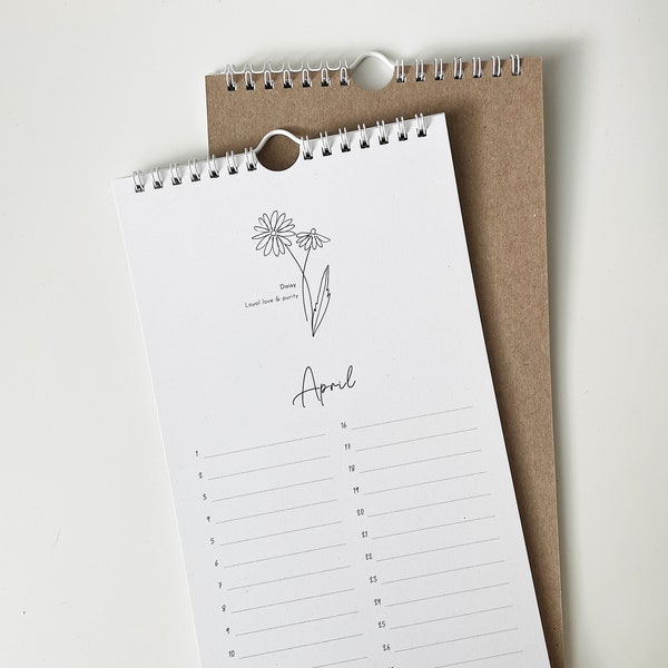 Eeuwigdurende wandkalender met geïllustreerde geboortebloemen voor mindfulness en het bijhouden van belangrijke data, 100% gerecycled papier, milieuvriendelijke cadeaus