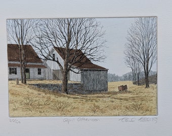 Gravure à l'eau-forte, avec aquarelle ajoutée, d'une grange et d'une ferme - "April Afternoon" - Carol Collette (épreuve d'artiste)