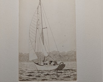 Small Artist Proof etching of a sailboat - "Sailing" - Carol Collette