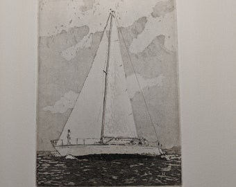 Small etching of a sailboat underway - "Cruising" - John Collette