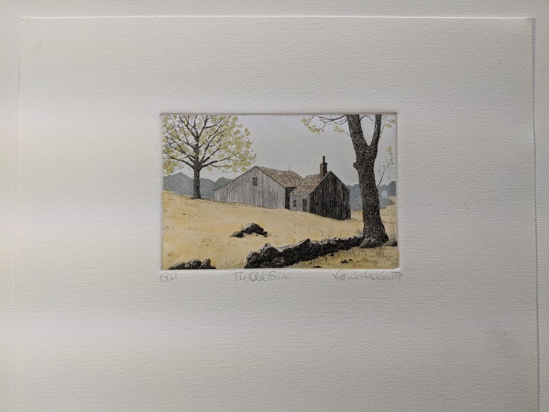 Artist Proof Etching, With Watercolor Added, of a Barn on the Other