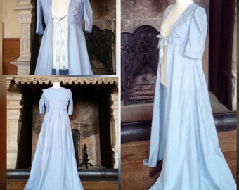 Regency dress open robe costume. Jane Austen gown. Dressing gown. Cosplay. Historybounding. Pride and Prejudice. Pelisse. Pale blue dress.