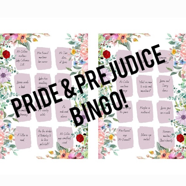 Pride and Prejudice Jane Austen bingo cards. Jane Austen game. Literary gift. Jane Austen print digital. Jane Austen game. Mr Darcy gift