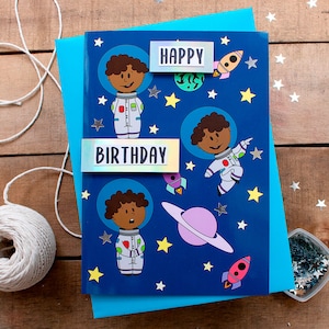 Astronaut Geburtstagskarte - Black Boy Geburtstagskarte - Kinder Geburtstag - Karten für Ihn - Black Boy Art