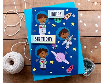 Astronaut Birthday Card - Black Boy Birthday Card - Children Birthday - Cards for Him - Black Boy Art