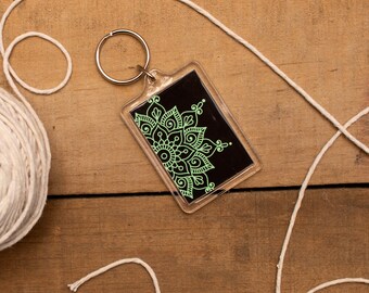 Handmade Green mandala art print keyring