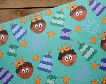 Black Boy Joy - Cute Birthday cake illustration print – Wrapping paper sheets for boys – Perfect for the Birthday boy