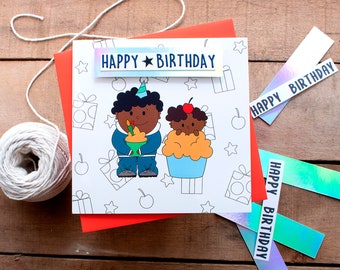 Cute Illustrations - Happy Birthday - Cupcake Card - Children Birthday - Black Boy Birthday Card - Cards for Boys - Cute Cards