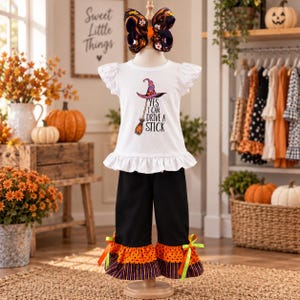 Girls Halloween Outfit, Witch Shirt and Ruffle Pants Set, Boutique Fall Clothing, Halloween Bell Bottom Pants