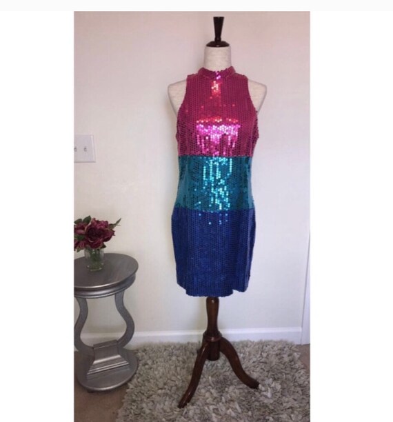 Vintage 1980s sequin colorblock choker dress