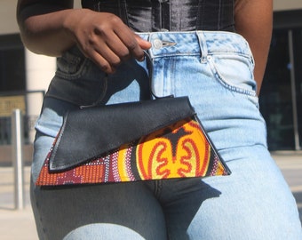 Black Vegan leather & Golden Kente Print Mini Bag | Handcrafted | Baguette Style |  African Wax Prints Fabric