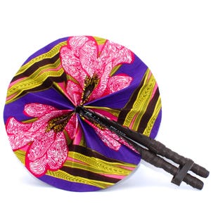 African Ankara Print Handheld Folding Hand Fan | Leather Handle -  Violet Ankara wax print Fabric
