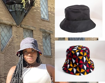 Unisex Reversible Bucket Hat-  Black Cotton Denim / Ankara African Print Hat
