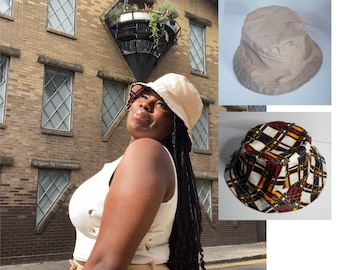 Unisex Reversible Bucket Hat-  Beige Cotton Denim / Ankara African Print Hat