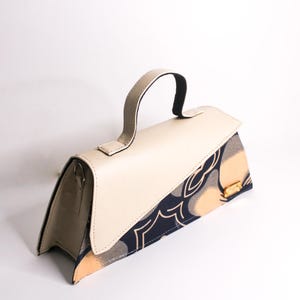 Cream Vegan Leather - Floral Navy & Peach Ankara Print Mini Bag | Handmade Bag | Baguette Style |  African Wax Prints Fabric | Minimal