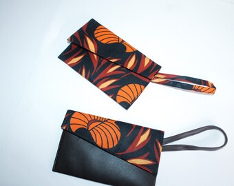 Ankara Fabric Wristlet Bag: Autumn Leaves Print, Vegan Leather Clutch
