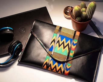 Vibrant KENTE - Laptop Sleeve/ Case_ Device Case (MacBook, Laptops, Tablets) with Ankara / African print Fabric Detail Vegan Leather