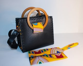 Black Vegan Leather Handcrafted  Handbag with Wooden Handles, Modern Kente Print Ankara Detail | Wax Print African Fabric Bag | HandBag