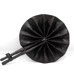 True Onyx Black Woven Cotton – Monochrome Folding Fan with Black Vegan Leather Handle