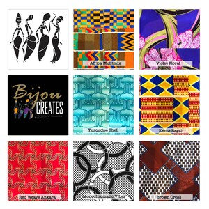 May include: A collage of nine different fabric patterns, including a geometric pattern in red and gold, a turquoise and blue pattern, a black and white pattern, a yellow and blue pattern, a purple and pink pattern, a red and yellow pattern, a black and white pattern, a brown and white pattern, and a black silhouette of three women dancing.