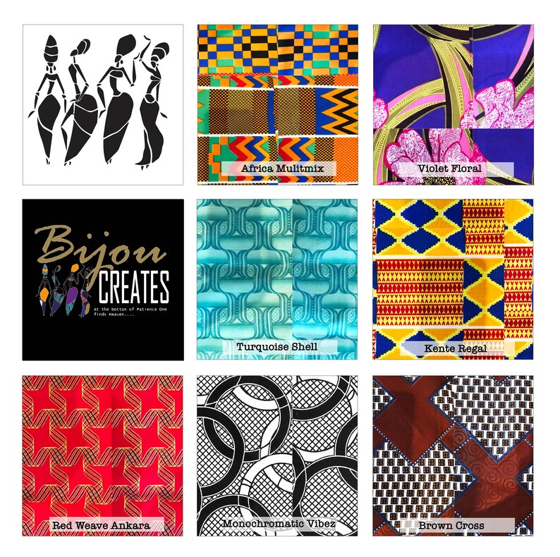 May include: A collage of nine different fabric patterns, including a geometric pattern in red and gold, a turquoise and blue pattern, a black and white pattern, a yellow and blue pattern, a purple and pink pattern, a red and yellow pattern, a black and white pattern, a brown and white pattern, and a black silhouette of three women dancing.