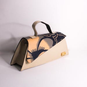 Cream Vegan Leather - Floral Navy & Peach Ankara Print Mini Bag | Handmade Bag | Baguette Style |  African Wax Prints Fabric | Full Print