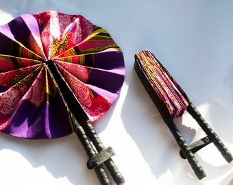 African Ankara Print Handheld Folding Hand Fan | Leather Handle -  Violet Ankara wax print Fabric