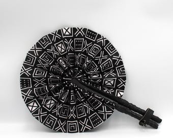 Black & White Print – Folding Fan with Black Vegan Leather Handle