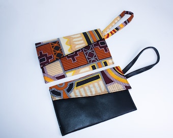 Regal Kente Ankara Fabric Wristlet: Handmade Vegan Leather Clutch