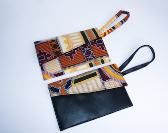 Personalised Wallet, Wristlet, Bag | Regal Kente | Ankara Fabric Black Vegan Leather, Handmade Clutch Bag Pouch Women's Bag| Evening Bag