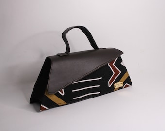 Brown Vegan Leather Baguette – African Wax Print, Handmade Mini Bag