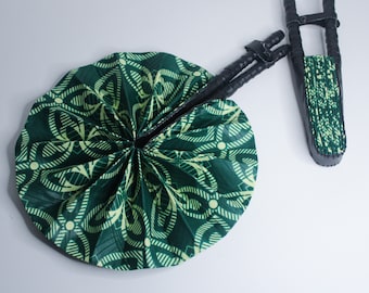 African Ankara Print Handheld Folding Hand Fan-  Green Leaf  Wax Print Fabric - Leather Handle