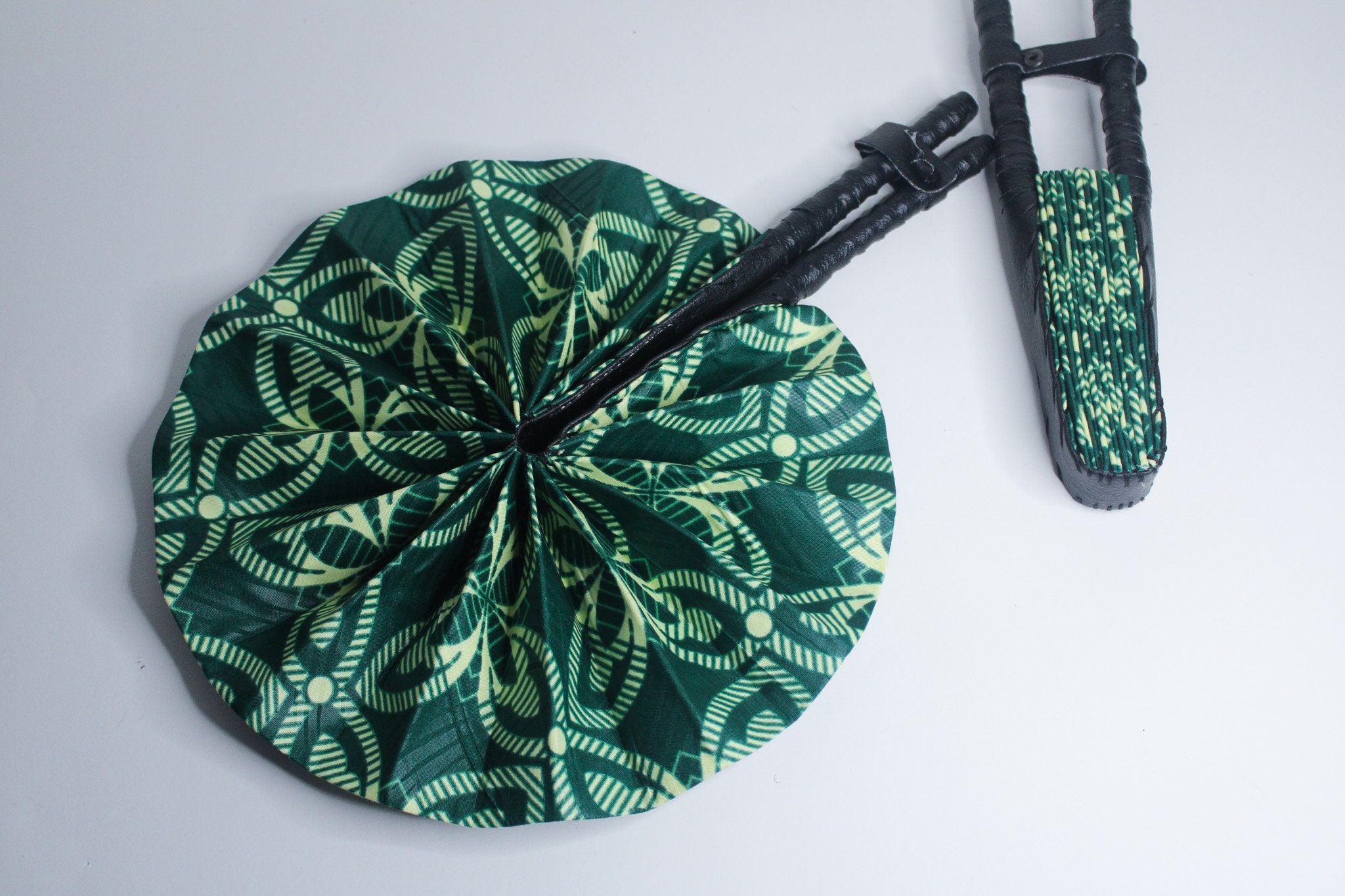 African Ankara Print Handheld Folding Hand Fan- Green Leaf Wax Print Fabric - Leather Handle