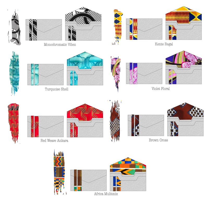 May include: Ten different envelope designs featuring a variety of African print patterns. The patterns include geometric shapes, floral designs, and abstract patterns in colours such as red, blue, green, yellow, and black.