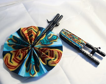 African Ankara Print Handheld Folding Hand Fan-  Regal Kente Blue