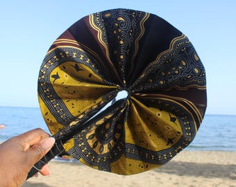 Luxe Mocha Print chocolate brown print  – Ankara Folding Fan with Black Vegan Leather Handle