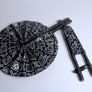 African Ankara Print Handheld Folding Hand Fan | Leather Handle -  Black & White Geometric Print