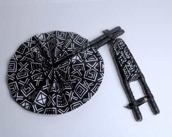 African Ankara Print Handheld Folding Hand Fan | Leather Handle -  Black & White Geometric Print