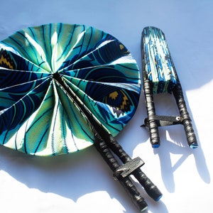 African Ankara Print Handheld Folding Hand Fan-  Blue Ankara | Handmade Leather and African Print Fan