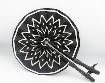 Black & White  Print – Ankara Folding Fan with Black Vegan Leather Handle